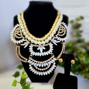 Gold Pearls and Crystals Statement Necklace and Earrings Set